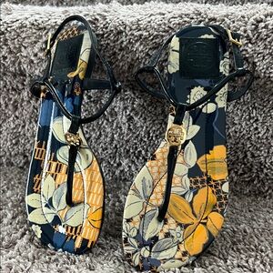 Tory Burch Black and Gold Floral Sandals